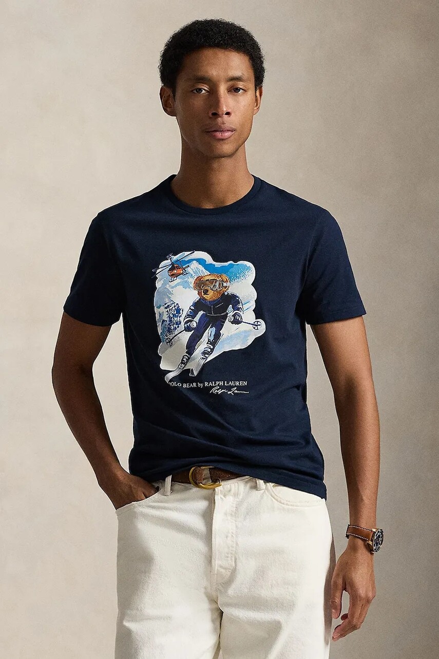 Bavlnené tričko Polo Ralph Lauren pánske, tmavomodrá farba, s potlačou, 710P07343