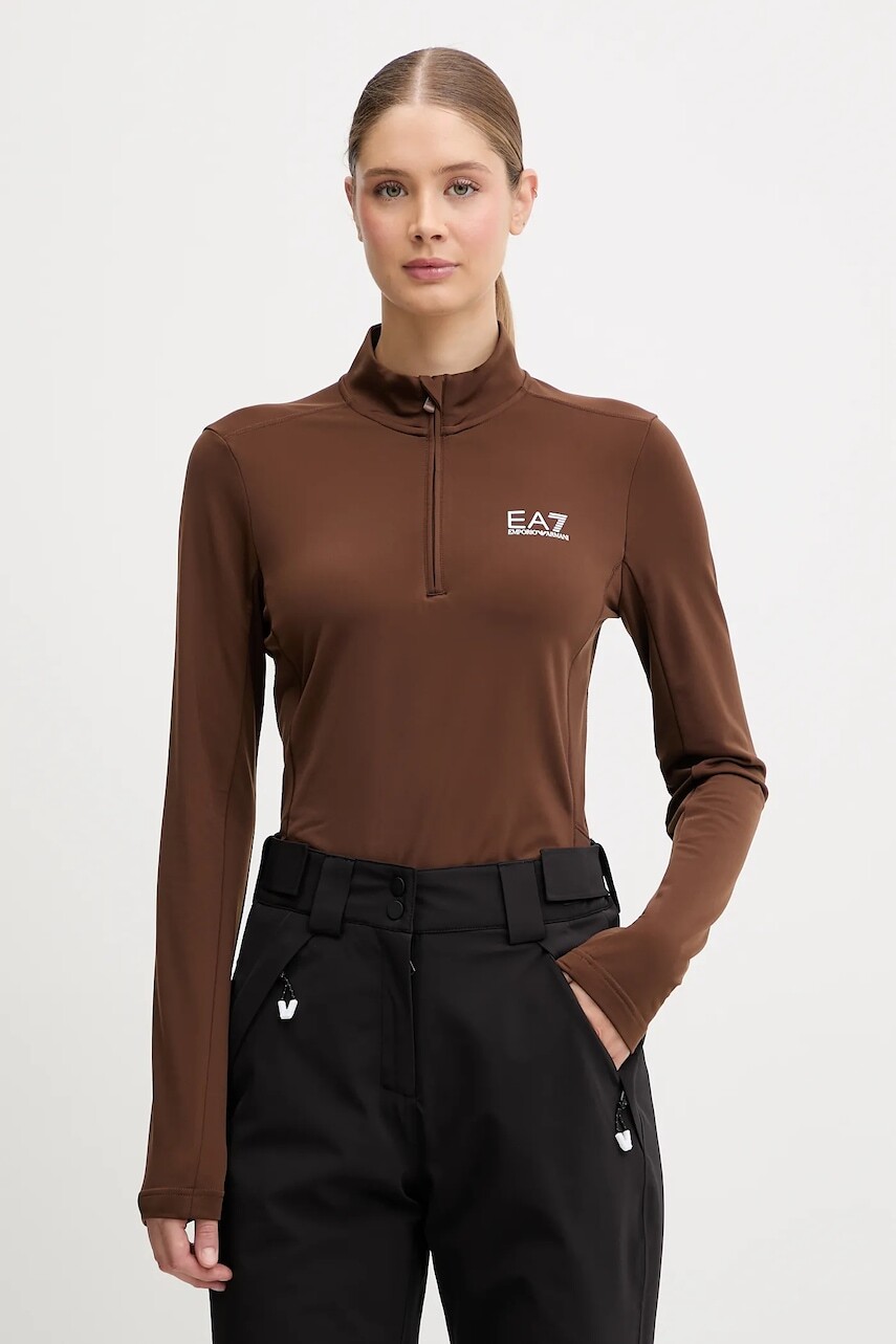 Športová mikina EA7 Emporio Armani hnedá farba, s potlačou, AF14634.7W000396
