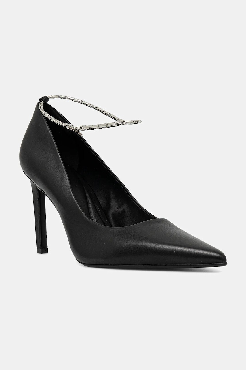 Kožené lodičky Calvin Klein ESS STILETTO HDW CHAIN LTH 90 čierna farba, HW0HW02718
