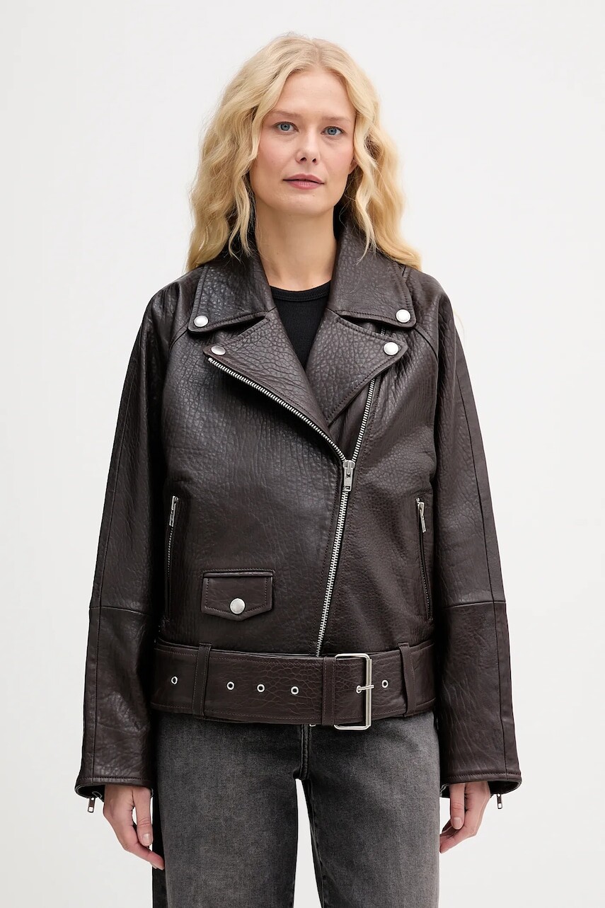 Kožená bunda Stand Studio Romy hnedá farba, prechodná, oversize, 66617-7970