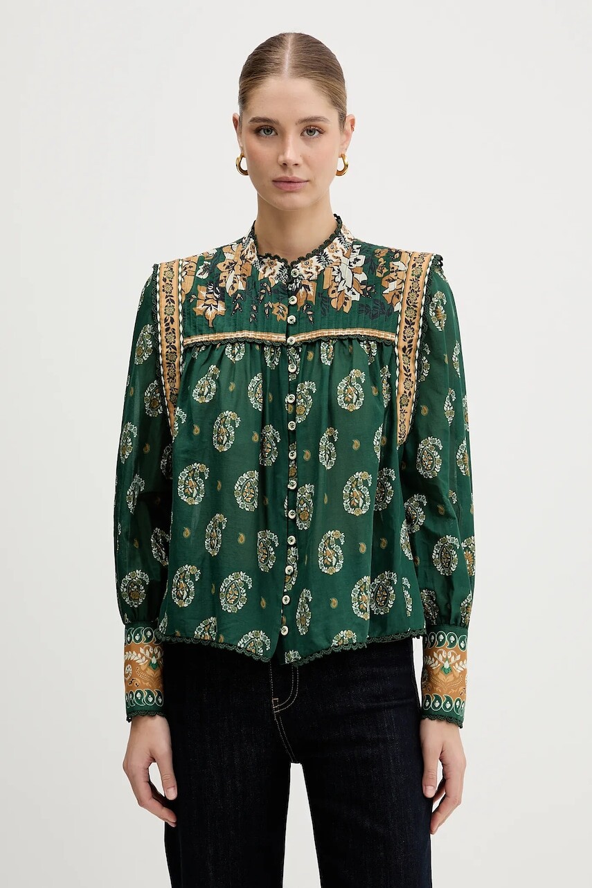 Bavlnená košeľa Farm Rio zelená farba, voľný strih, so stojačikom, 351137