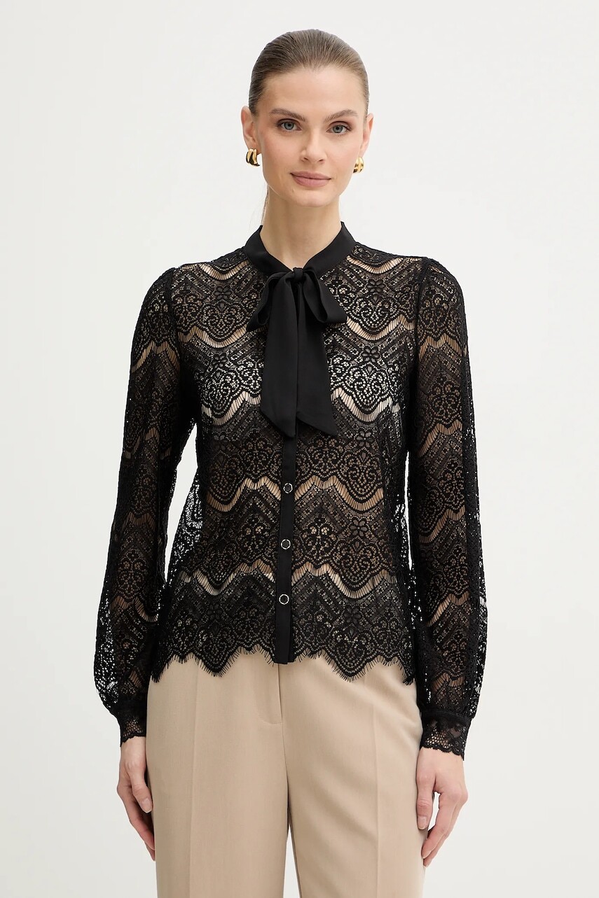 Košeľa Morgan čierna farba, regular, s viazaním vo výstrihu, TGRAPHO