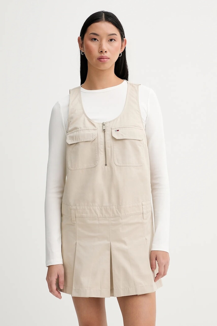 Bavlnené šaty Tommy Jeans béžová farba, mini, áčkový strih, DW0DW21949