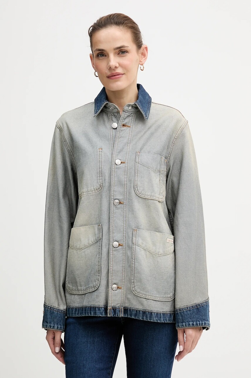 Bavlnená rifľová bunda Calvin Klein Jeans modrá farba, prechodná, LV047D753G