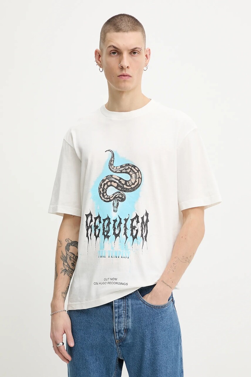 Bavlnené tričko Hugo Blue pánske, béžová farba, s potlačou, 50554368