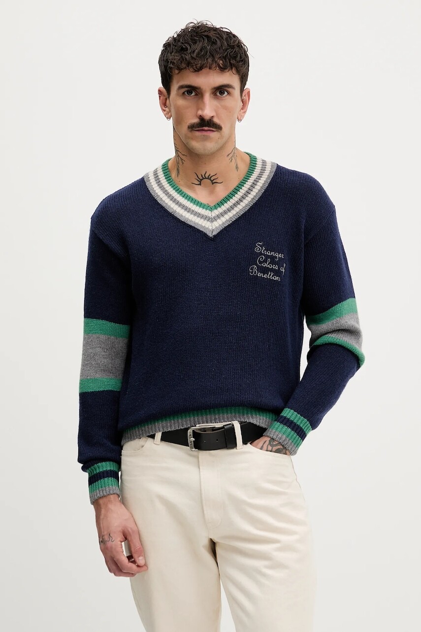 Sveter s prímesou vlny United Colors of Benetton x Stranger Things tmavomodrá farba, ľahký, 1XDGK401F