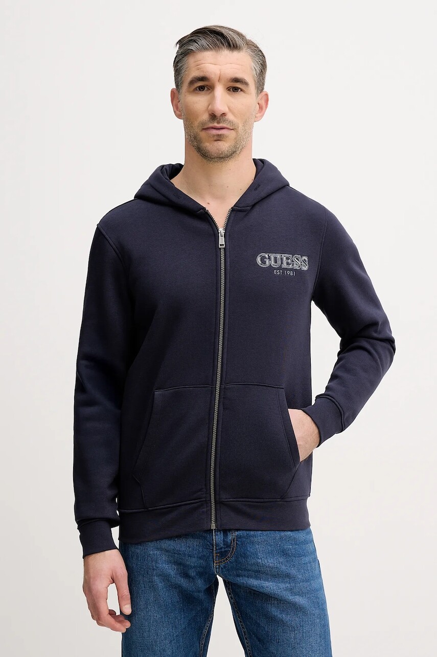 Mikina Guess tmavomodrá farba, s kapucňou, s nášivkou, M5BQ48 K9Z21