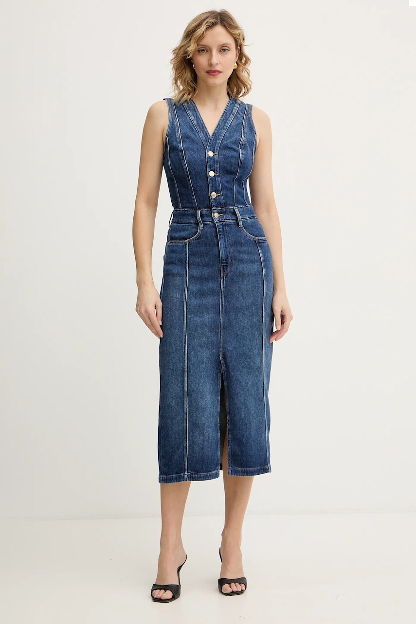 Rifľové šaty Guess AMARA modrá farba, midi, rovný strih, W5BK40 D0615