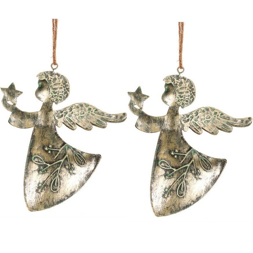 Závesná vianočná dekorácia Anjel 2 ks, kov, zlatá, 16 x 1 x 13 cm