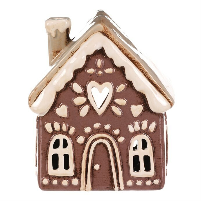Vianočná dekorácia perníkový domček Srdce na čajovú sviečku, keramika, fialová