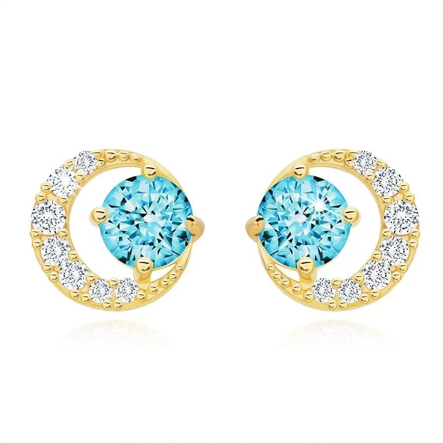 Zlaté náušnice 14K obrys kruhu s topásom a zirkónmi