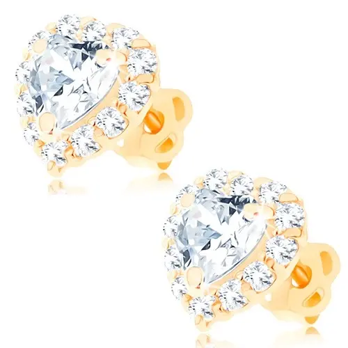 Náušnice zo žltého 14K zlata - číre srdce lemované okrúhlymi zirkónikmi