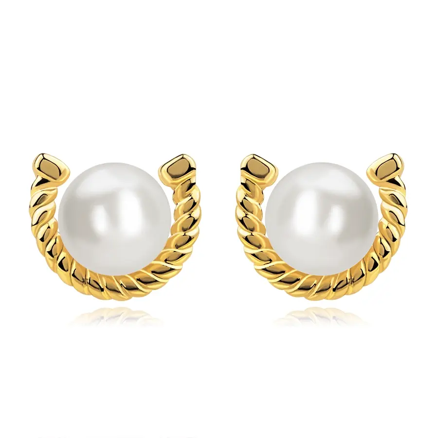 Puzetové náušnice v žltom 585 zlate - zatočená podkova, sladkovodná perla