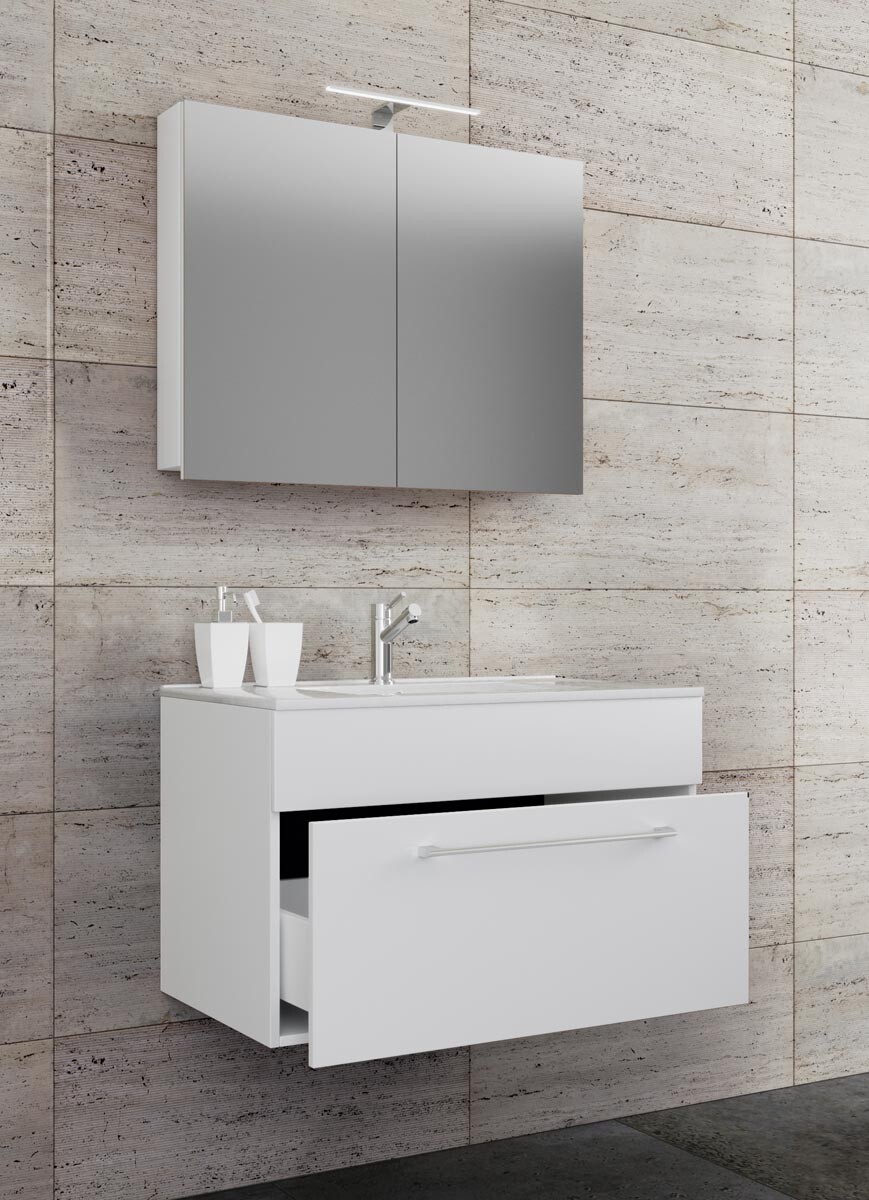 3-dielna umývadlová skrinka Badinos 1 zásuvka 80 cm so zrkadlom, biela