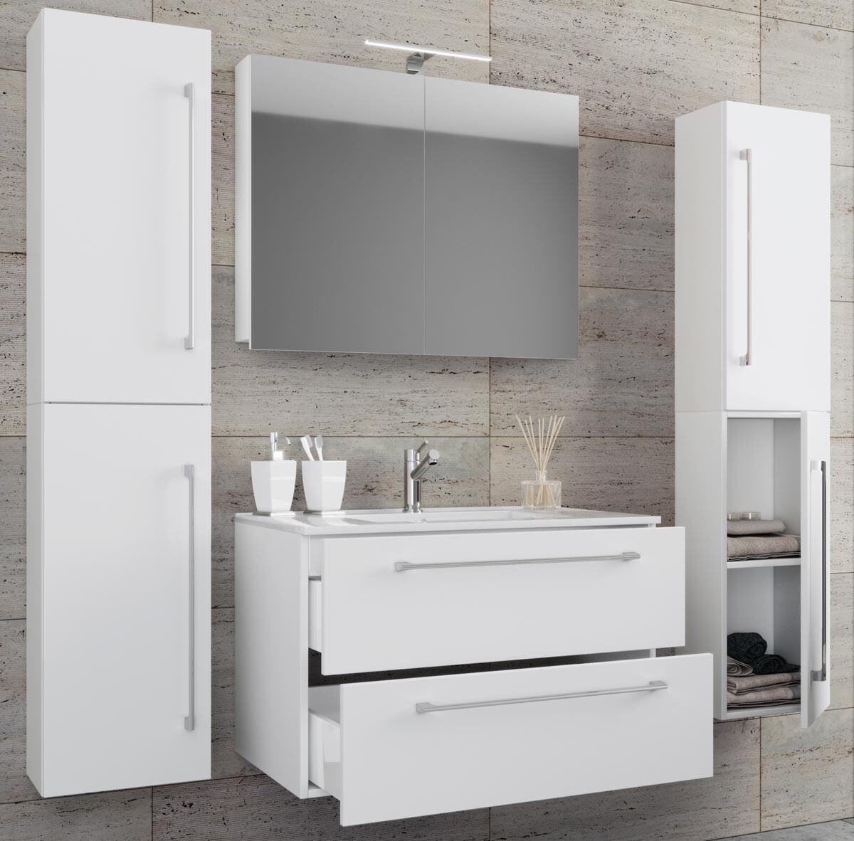 5-dielna umývadlová skrinka Badinos 2 zásuvky 80 cm so zrkadlom a 2 vysoké skrinky, biela