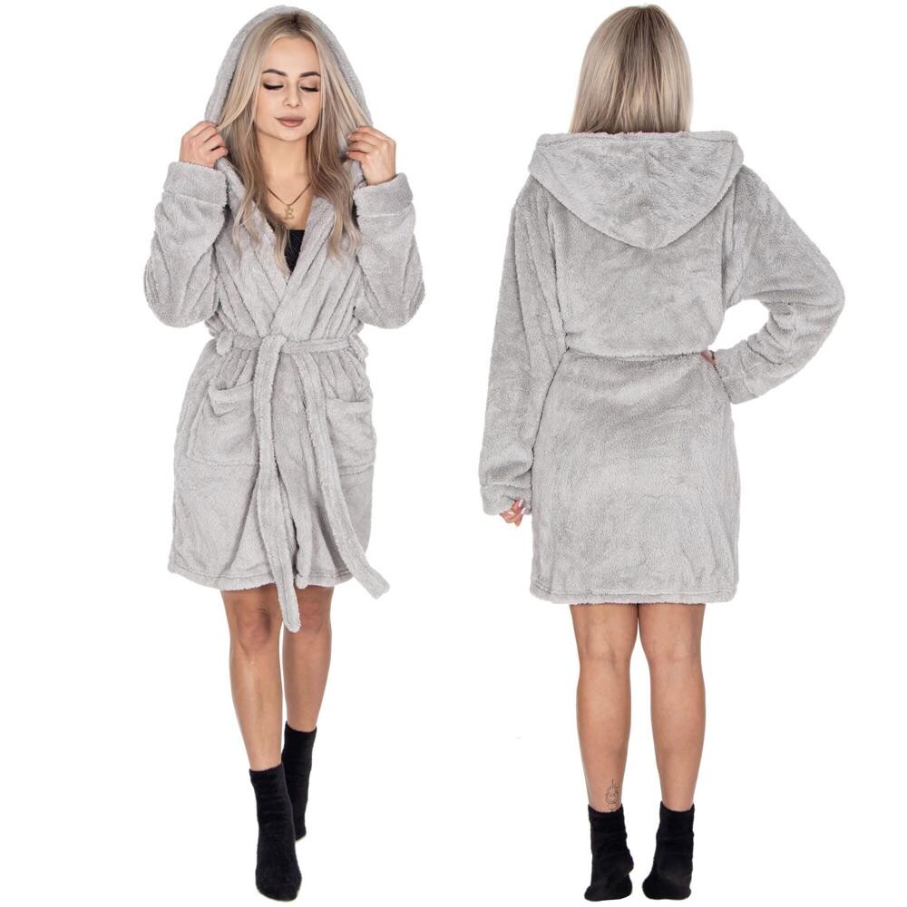 Dámsky plyšový župan Classic s kapucňou - S/M - svetlosivý