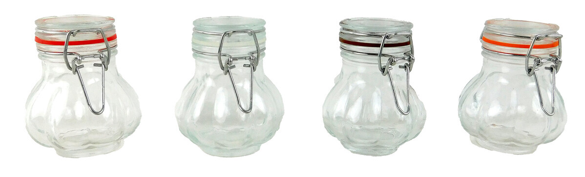 MAKRO - Dóza sklo 100ml s klipom, 7x8x7cm baňatá, sklo, rôzne farby