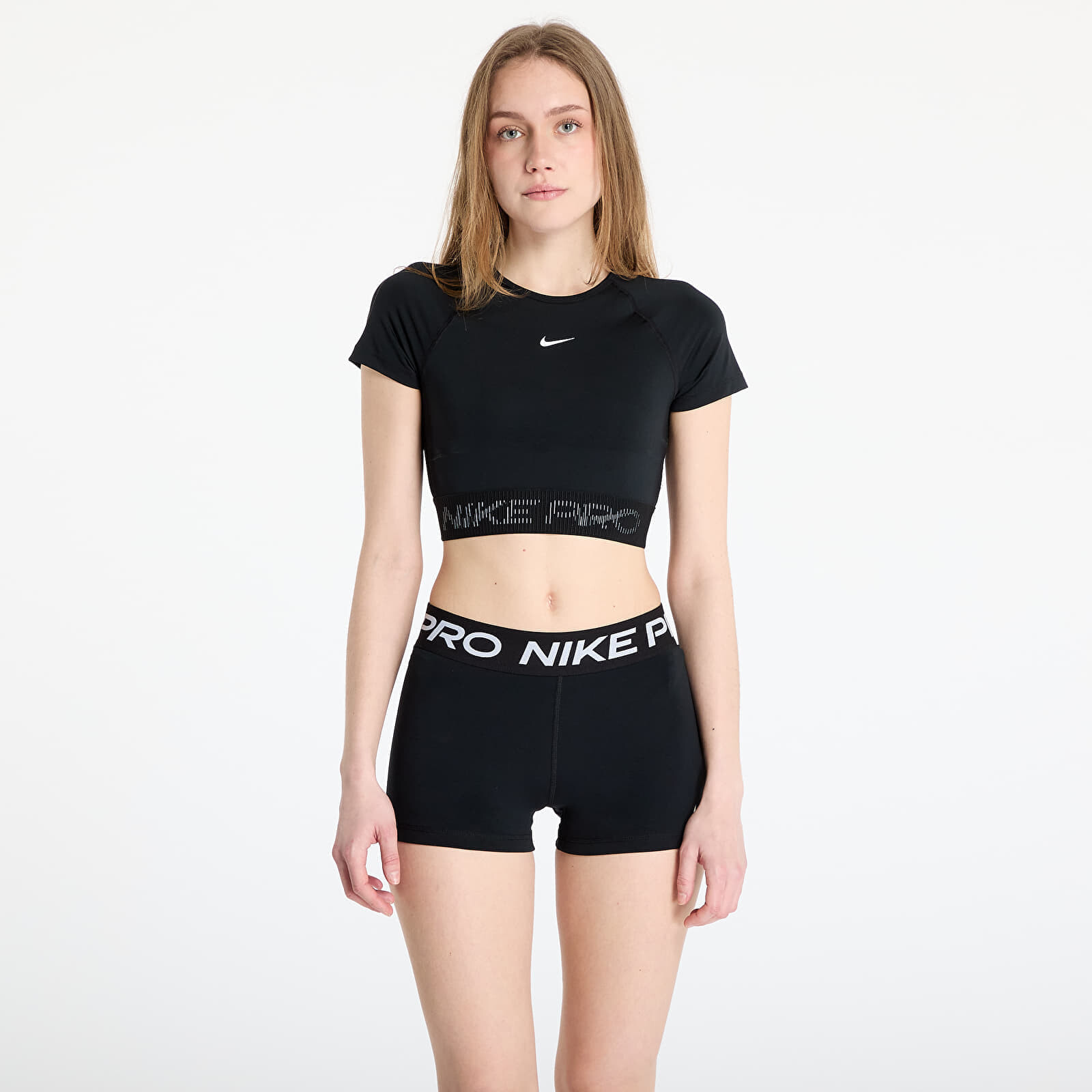 Nike Pro Women's Dri-FIT Short-Sleeve Cropped Graphic Top Black/ Cool Grey/ White L