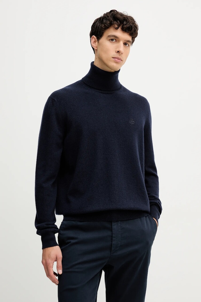 Kašmírový sveter Bally tmavomodrá farba, ľahký, s rolákom, MKN08O