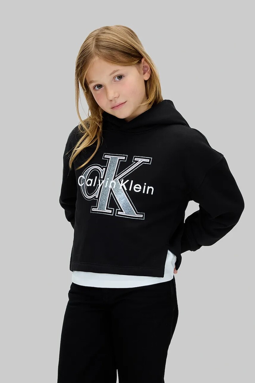 Detská bavlnená mikina Calvin Klein Jeans čierna farba, s kapucňou, s potlačou, IG0IG03018