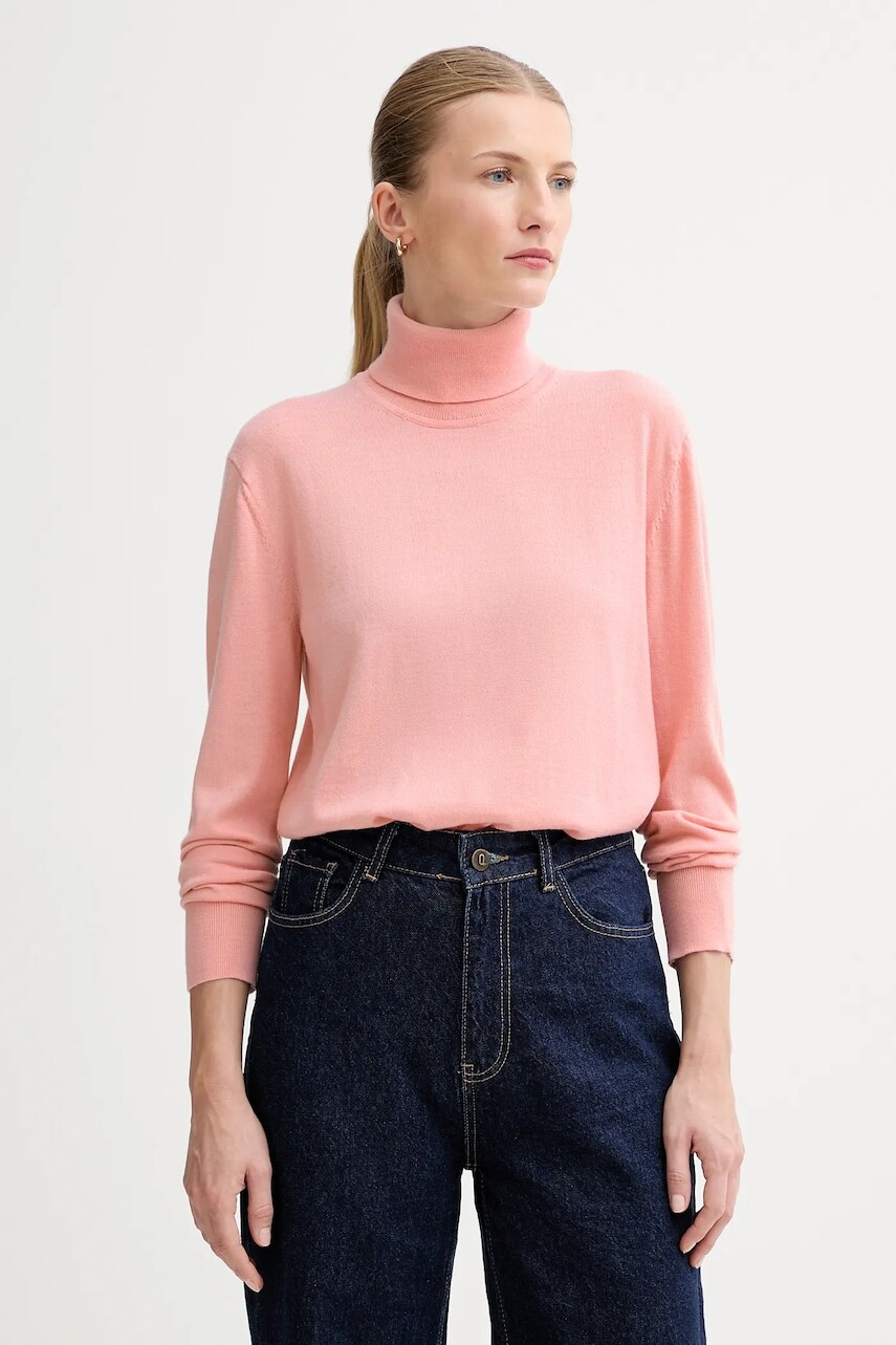 Sveter s prímesou vlny Calvin Klein ružová farba, ľahký, s rolákom, LV044D371G