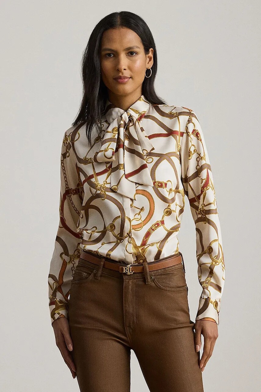 Košeľa Lauren Ralph Lauren biela farba, regular, s viazaním vo výstrihu, 200979807