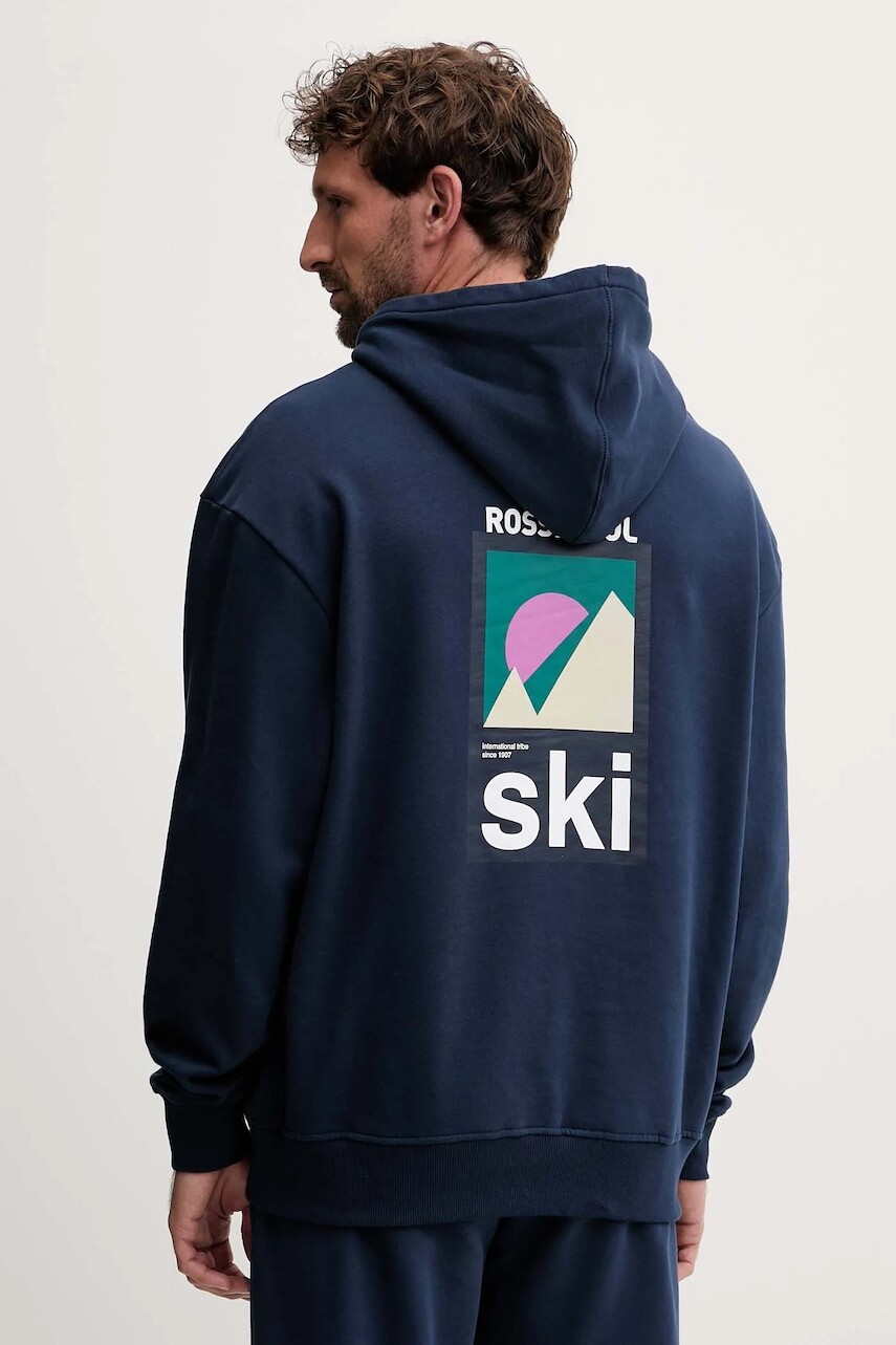 Bavlnená mikina Rossignol WATERFALL RELAX tmavomodrá farba, s kapucňou, vzorovaná, RLOMS02