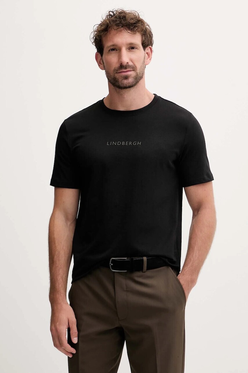 Bavlnené tričko Lindbergh pánske, čierna farba, s potlačou, 30.400200B
