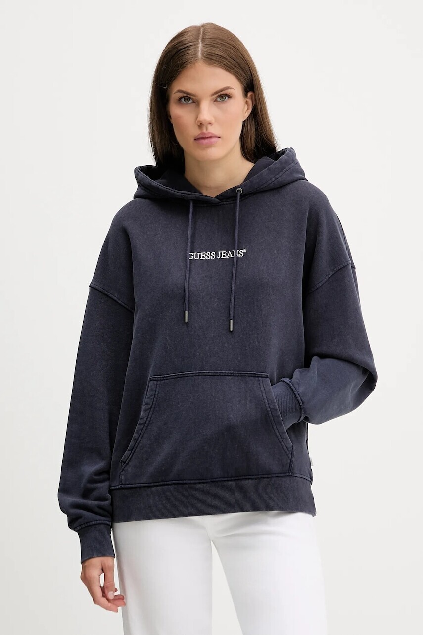 Bavlnená mikina Guess Jeans tmavomodrá farba, s kapucňou, s nášivkou, W5BQ15 KCPR1