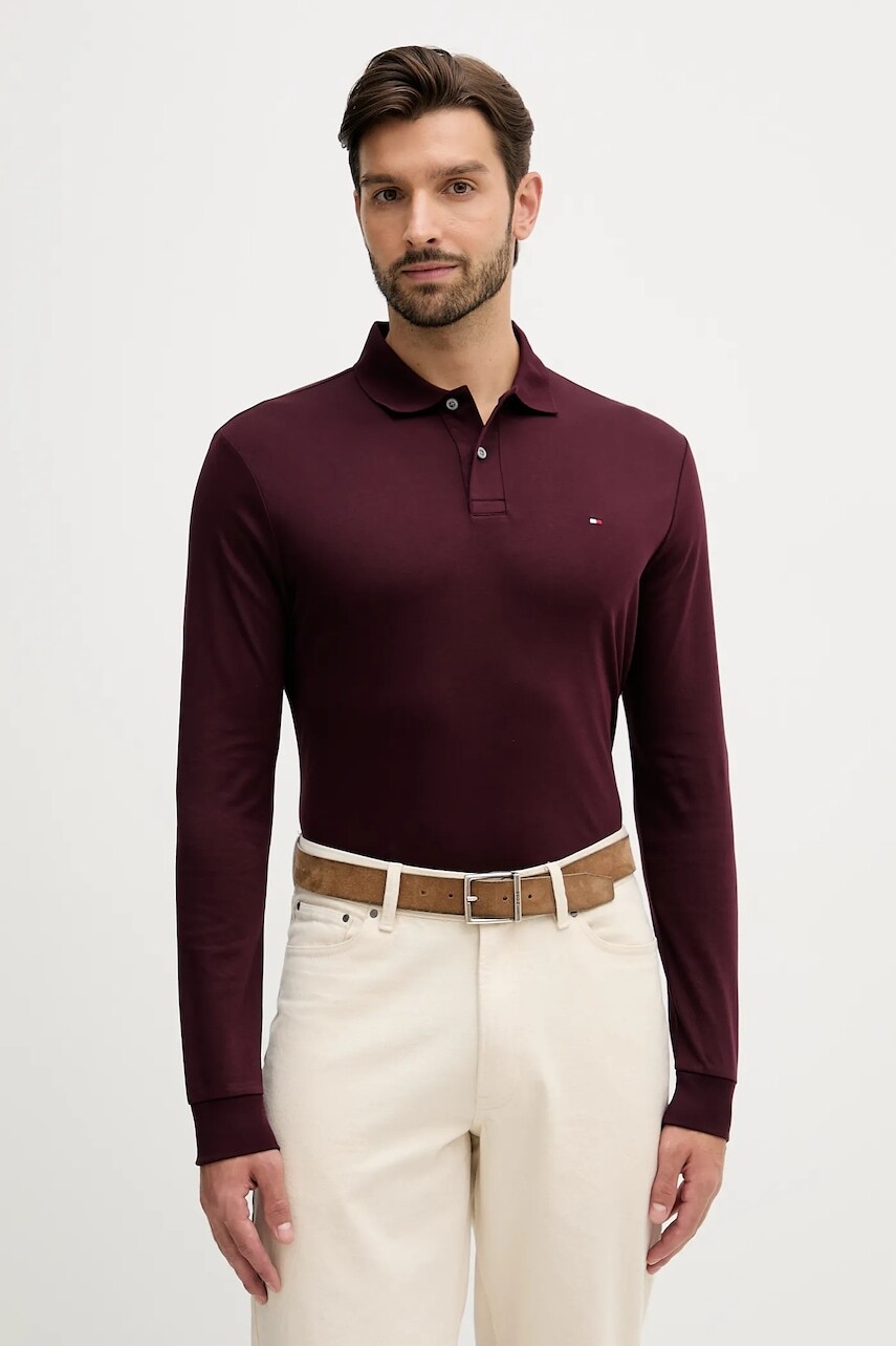 Bavlnené tričko s dlhým rukávom Tommy Hilfiger bordová farba, jednofarebná, MW0MW37317
