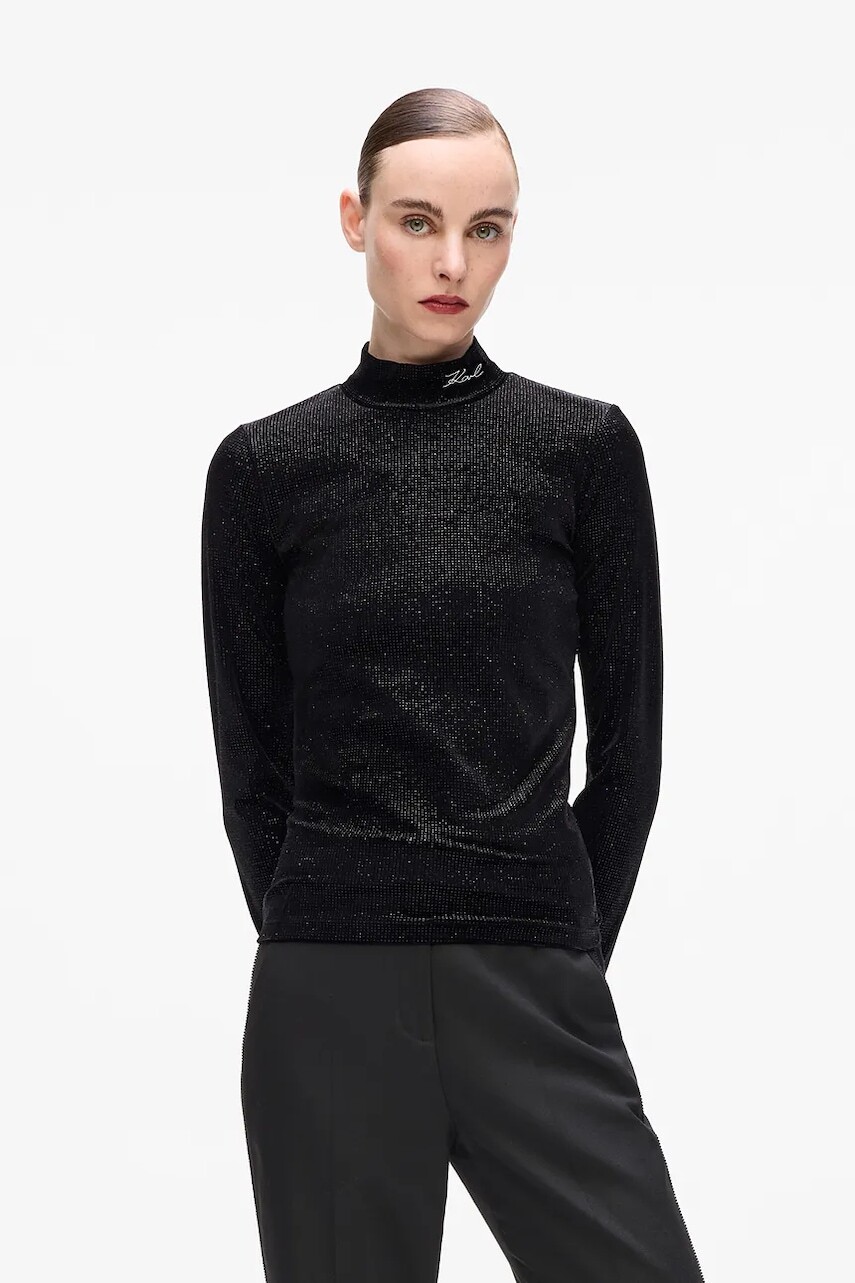 Tričko s dlhým rukávom Karl Lagerfeld čierna farba, s polorolákom, A4W17047