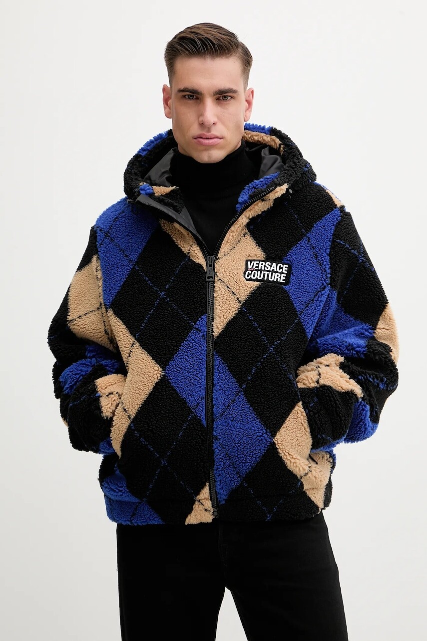 Fleecová mikina Versace Jeans Couture čierna farba, s kapucňou, vzorovaná, 79GAS406 U0030