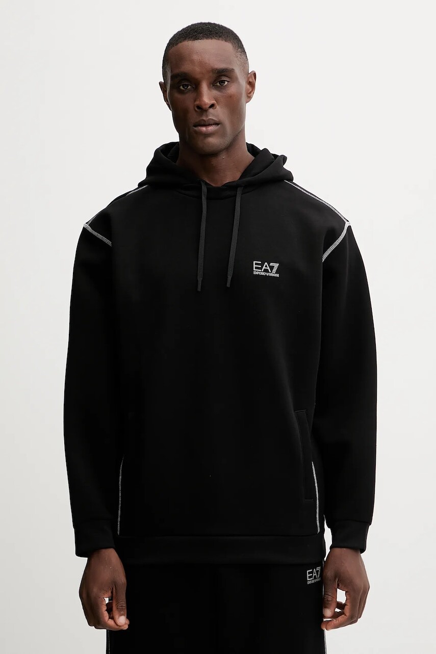Mikina EA7 Emporio Armani čierna farba, s kapucňou, s nášivkou, AF13538.7M000660