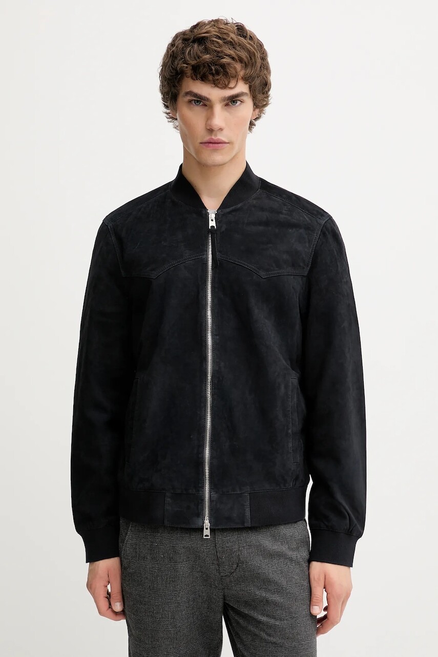 Semišová bunda bomber AllSaints ZEALAND čierna farba, prechodná, M035LD