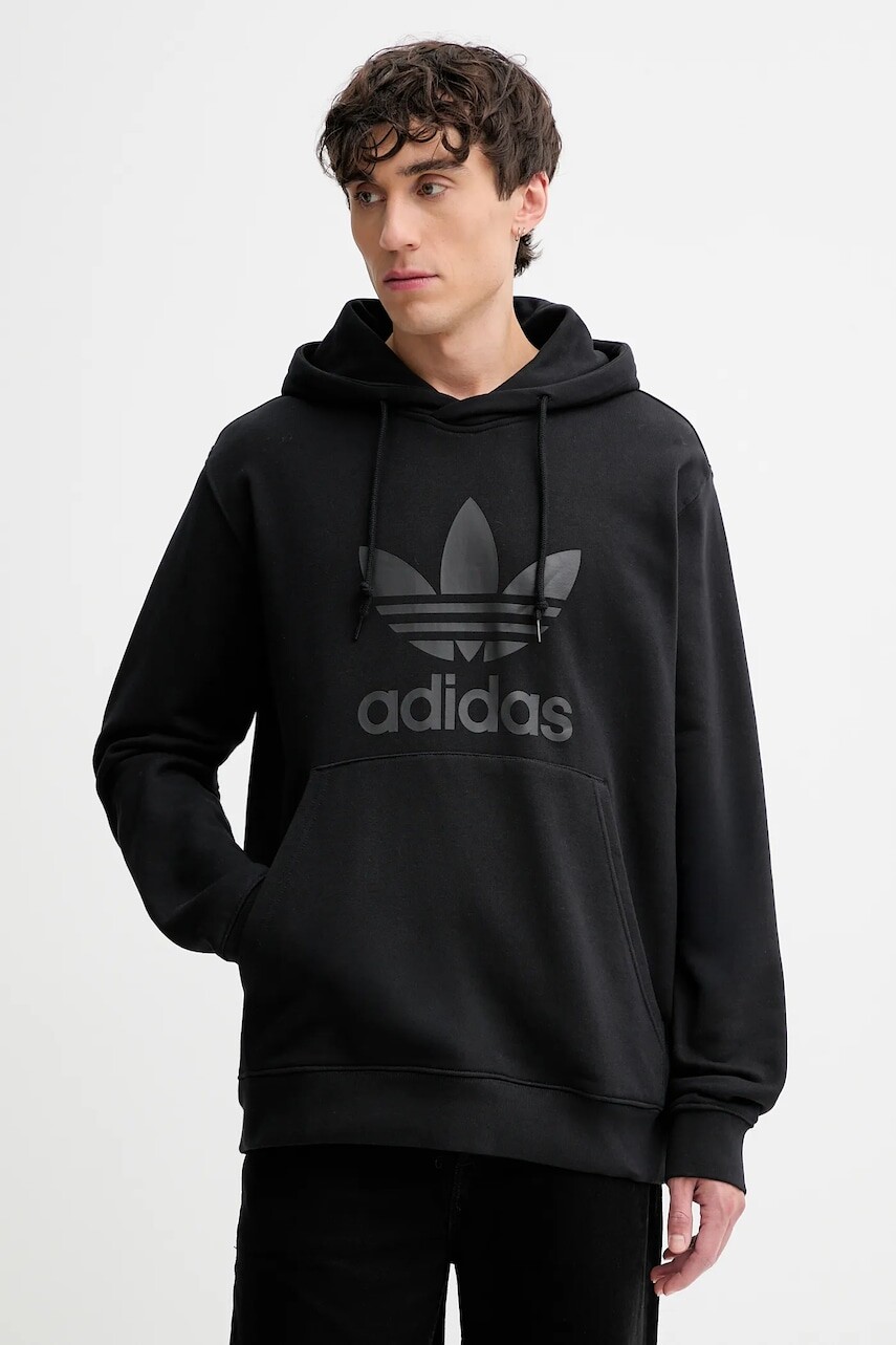 Bavlnená mikina adidas Originals Trefoil Hoody čierna farba, s kapucňou, s potlačou, JY3766