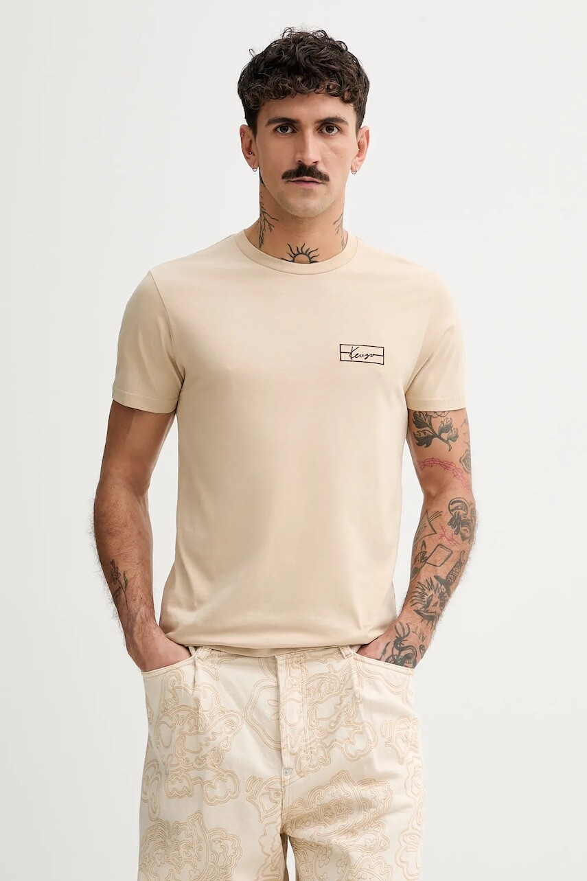 Bavlnené tričko Kenzo pánske, béžová farba, s nášivkou, FF55TS5254SO.11