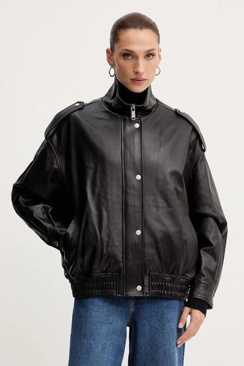 Kožená bunda MICHAEL Michael Kors čierna farba, prechodná, MF520IXFAF