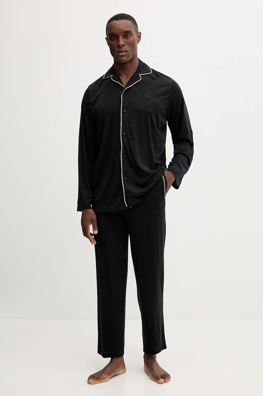 Pyžamo s prímesou vlny BOSS čierna farba, melanžové, 50550554