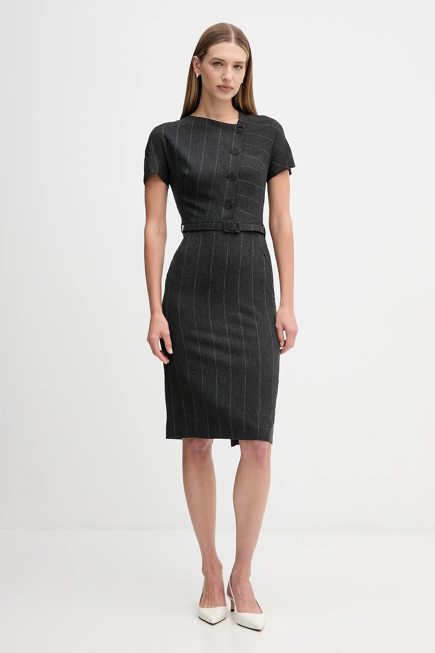 Šaty s prímesou vlny Sandro Ferrone šedá farba, midi, rovný strih, S23YBFBICCHIERE