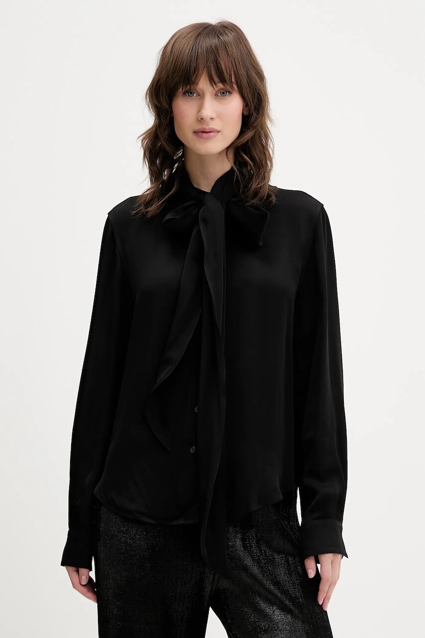 Košeľa HUGO čierna farba, regular, s viazaním vo výstrihu, 50550779