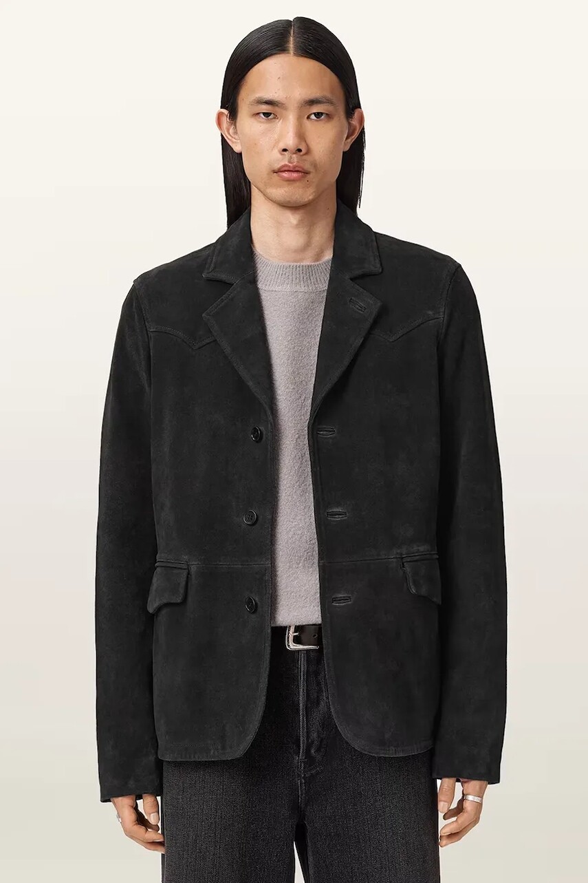 Semišové sako AllSaints HORNETT čierna farba, M020LD