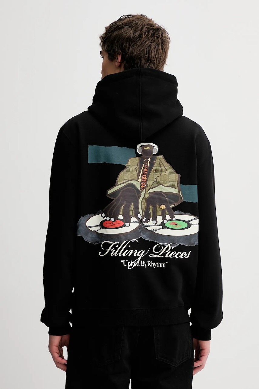 Bavlnená mikina Filling Pieces Hoodie DJ čierna farba, s kapucňou, s potlačou, 422532501241