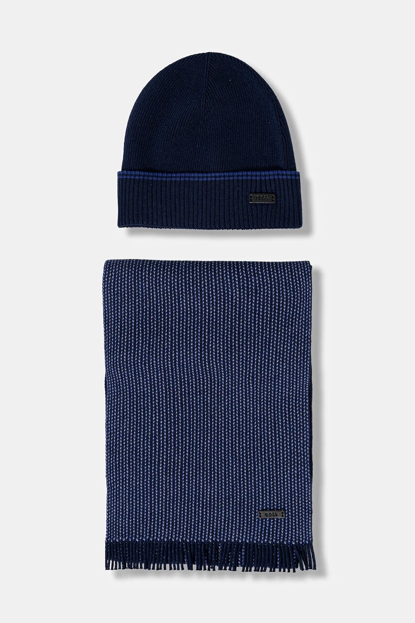 Čiapka a šál s prímesou vlny BOSS tmavomodrá farba, 50548858