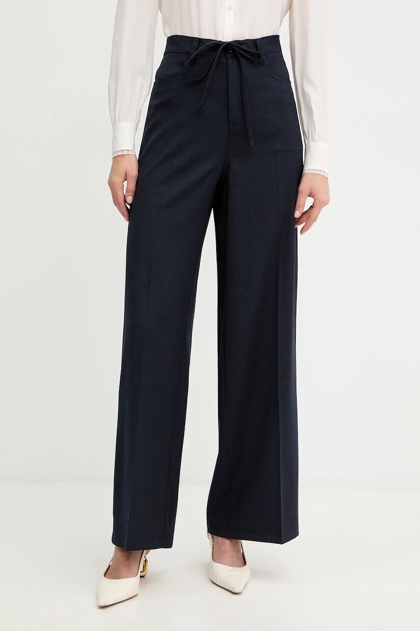 Nohavice s prímesou vlny Twinset tmavomodrá farba, rovný strih, vysoký pás, 252TT212A