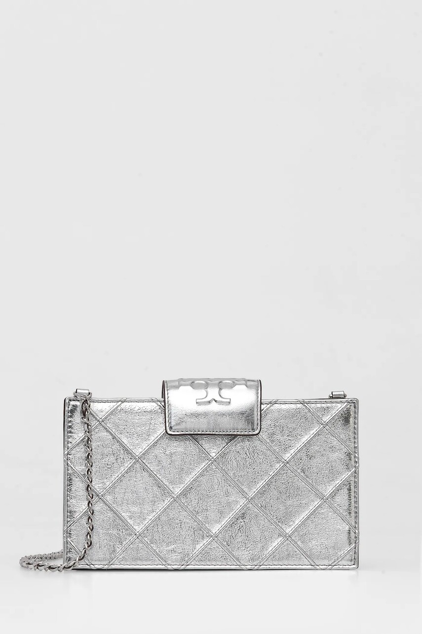 Kožená kabelka Tory Burch Fleming strieborná farba, 175190-040