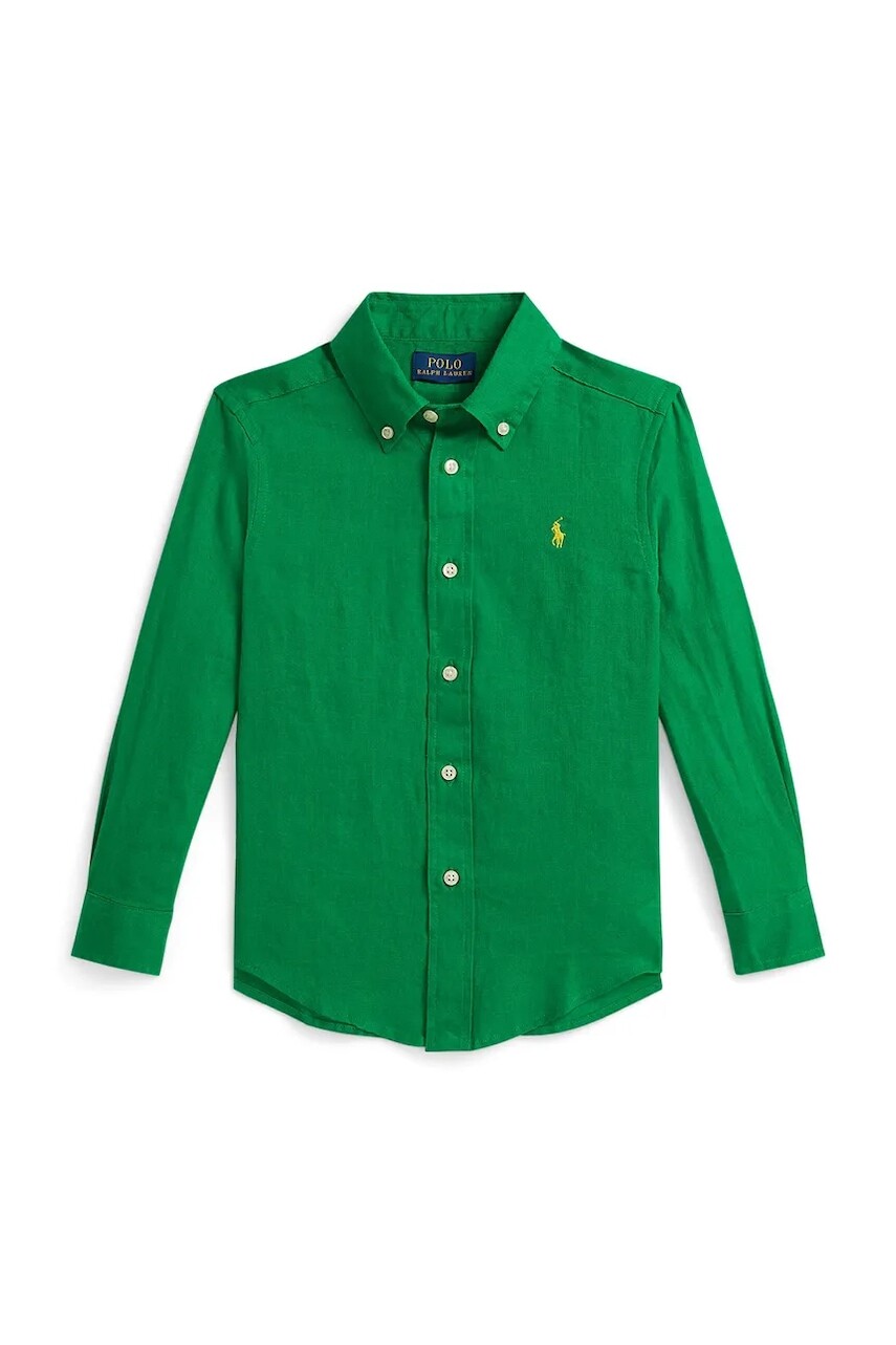 Detská ľanová košeľa Polo Ralph Lauren zelená farba, 322967600501
