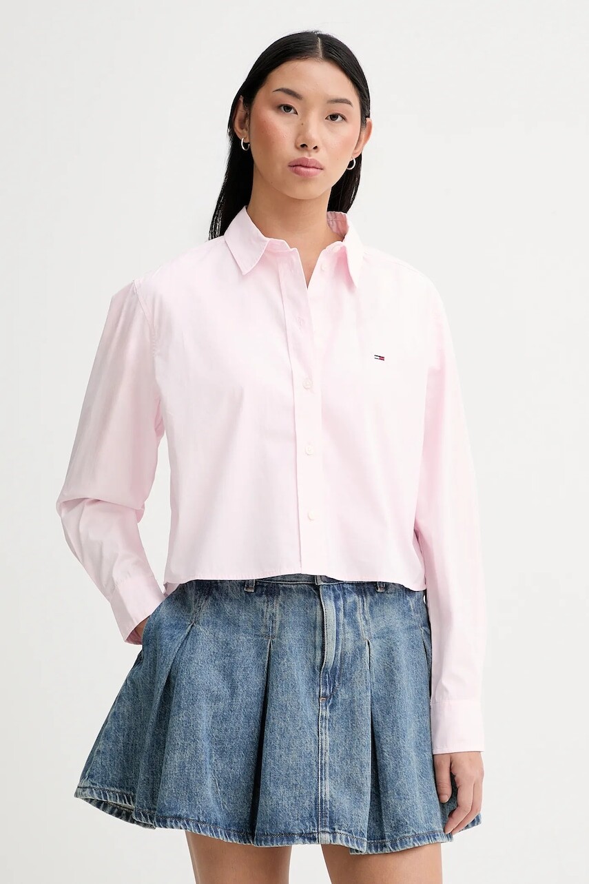 Bavlnená košeľa Tommy Jeans ružová farba, voľný strih, s klasickým golierom, DW0DW22078