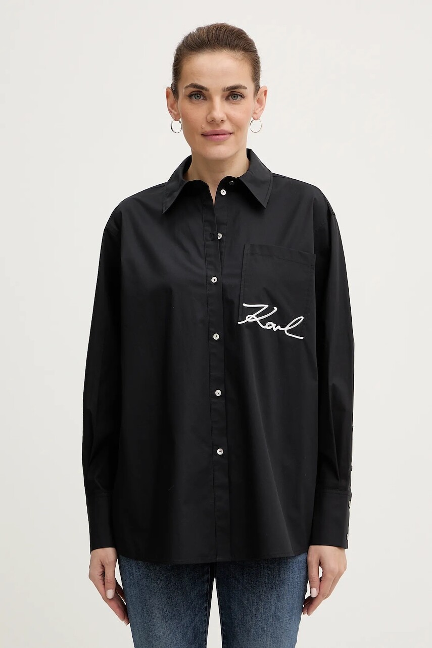 Bavlnená košeľa Karl Lagerfeld čierna farba, voľný strih, s klasickým golierom, B1W11013