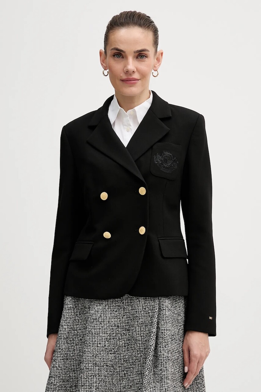 Sako Tommy Hilfiger čierna farba, dvojradové, jednofarebné, WW0WW48696