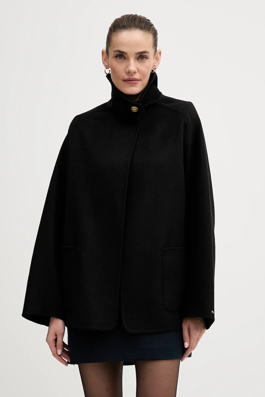 Kabát s prímesou vlny Tommy Hilfiger čierna farba, WW0WW47758